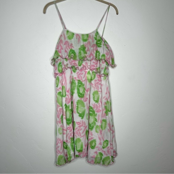 NWT Ganni Pleated Georgette Mini Dress Green Pink Floral Size 34/2 Wedding Guest - Picture 2 of 13